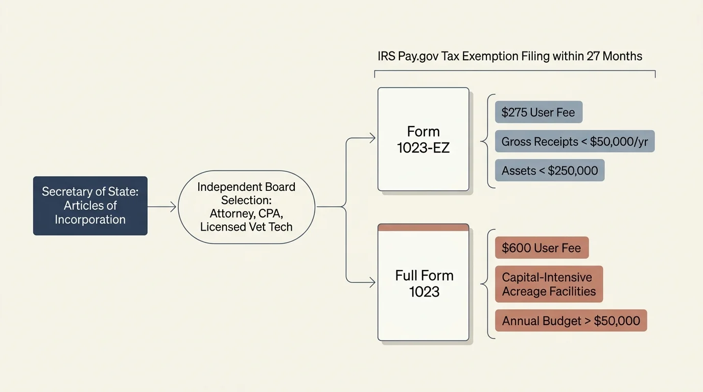 Flowchart showing non-profit incorporation steps, comparing Form 1023-EZ and Full Form 1023 requirements and fees.