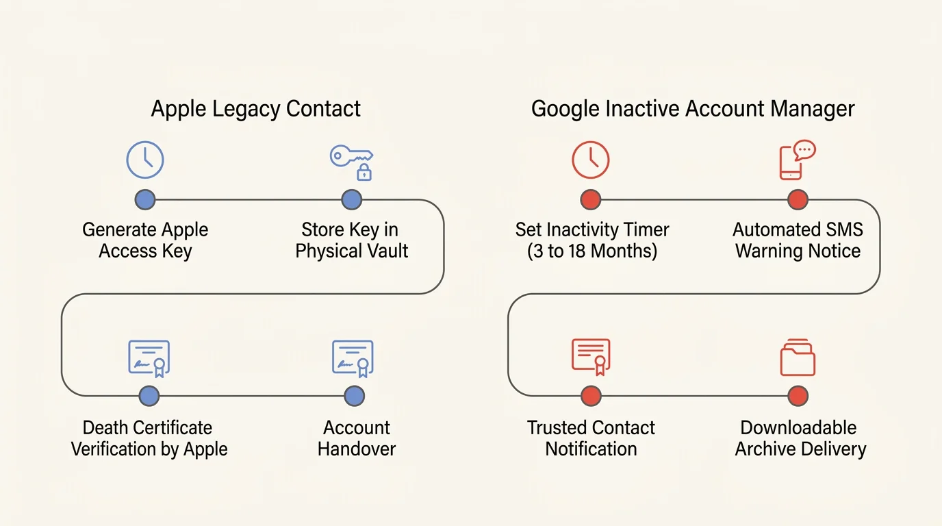 Diagram comparing workflow steps for Apple Legacy Contact in blue against Google Inactive Account Manager in red.