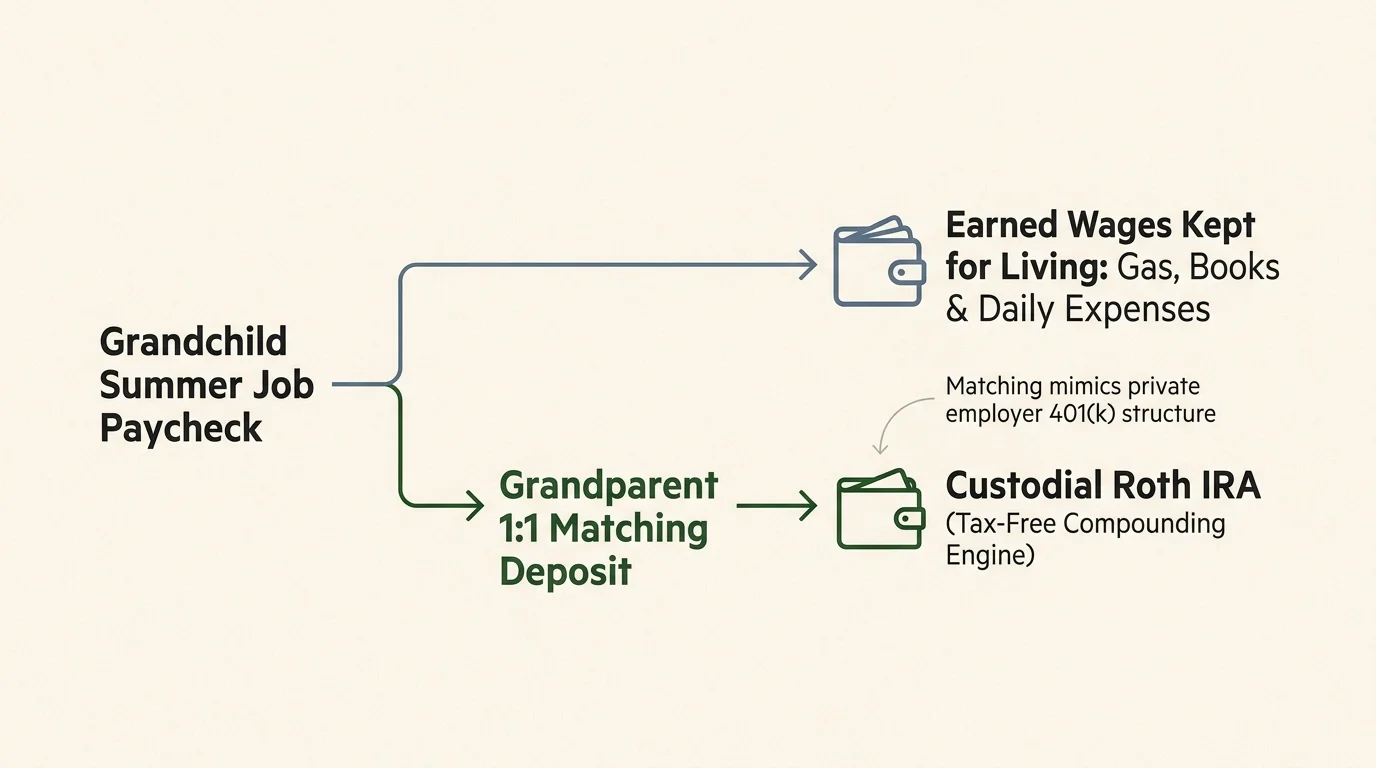 Diagram splitting a paycheck into earned wages kept for living expenses and grandparent matching deposits into a Roth IRA.