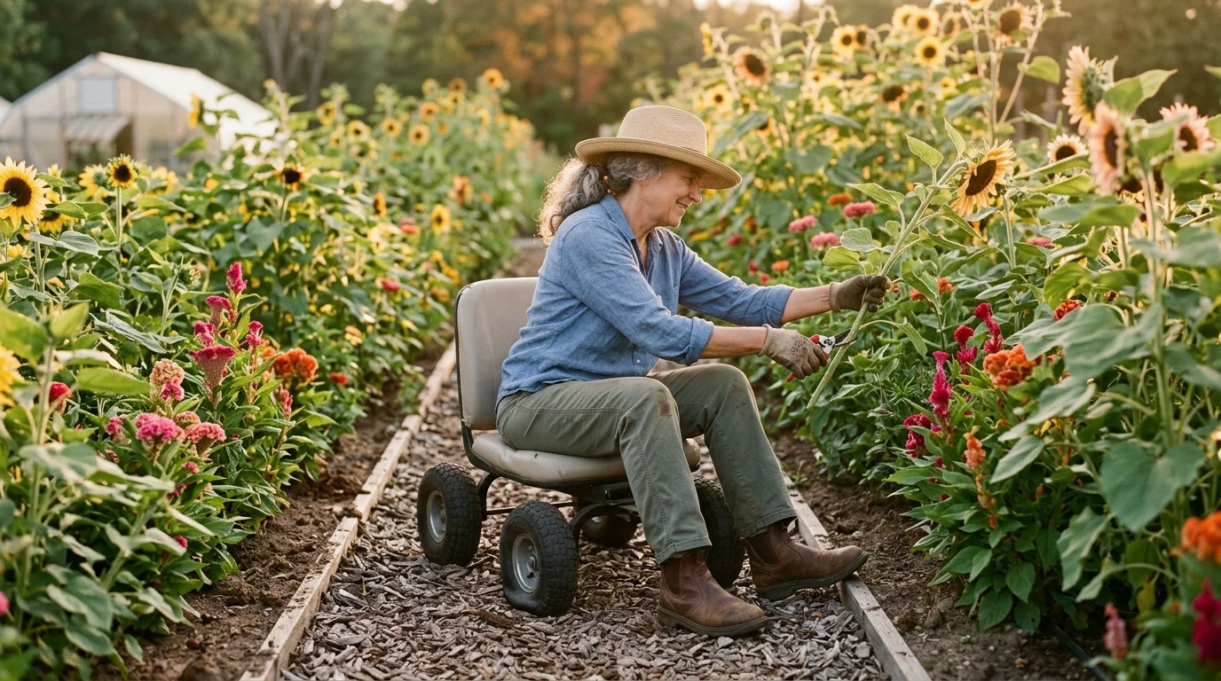 A woman in a sun hat sits on a wheeled garden scooter pruning sunflowers in a flower field.