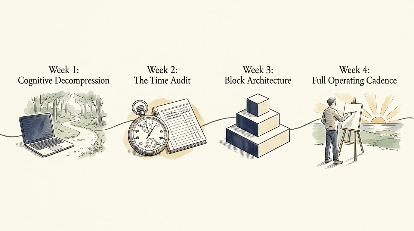 Four-step diagram showing cognitive decompression, time audit, block architecture, and full operating cadence.
