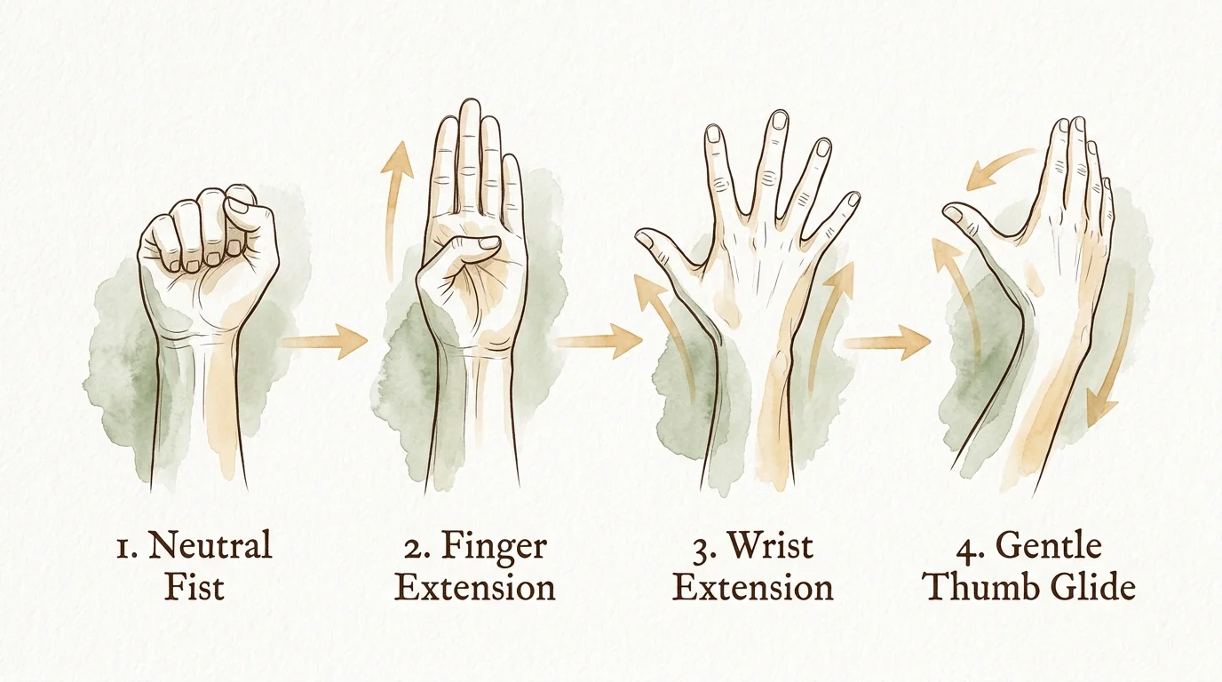 Four-step diagram showing hand and wrist stretches: neutral fist, finger extension, wrist extension, and gentle thumb glide.