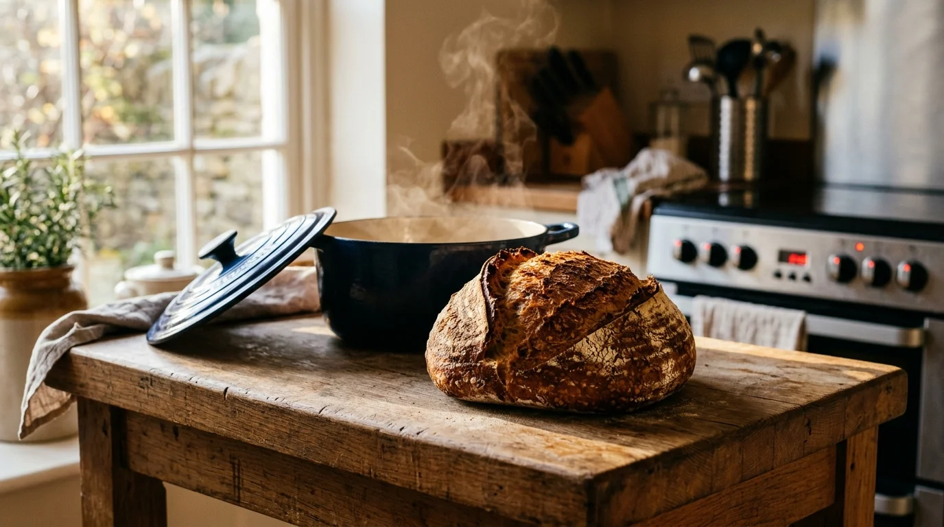 A baked sourdough loaf sits on a rustic wooden table next to an open, steaming blue Dutch oven in a kitchen.