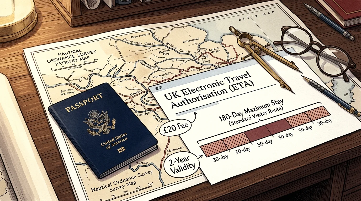 Illustration of a desk with a US passport, canal map, glasses, and a UK ETA diagram detailing the 180-day stay limit.