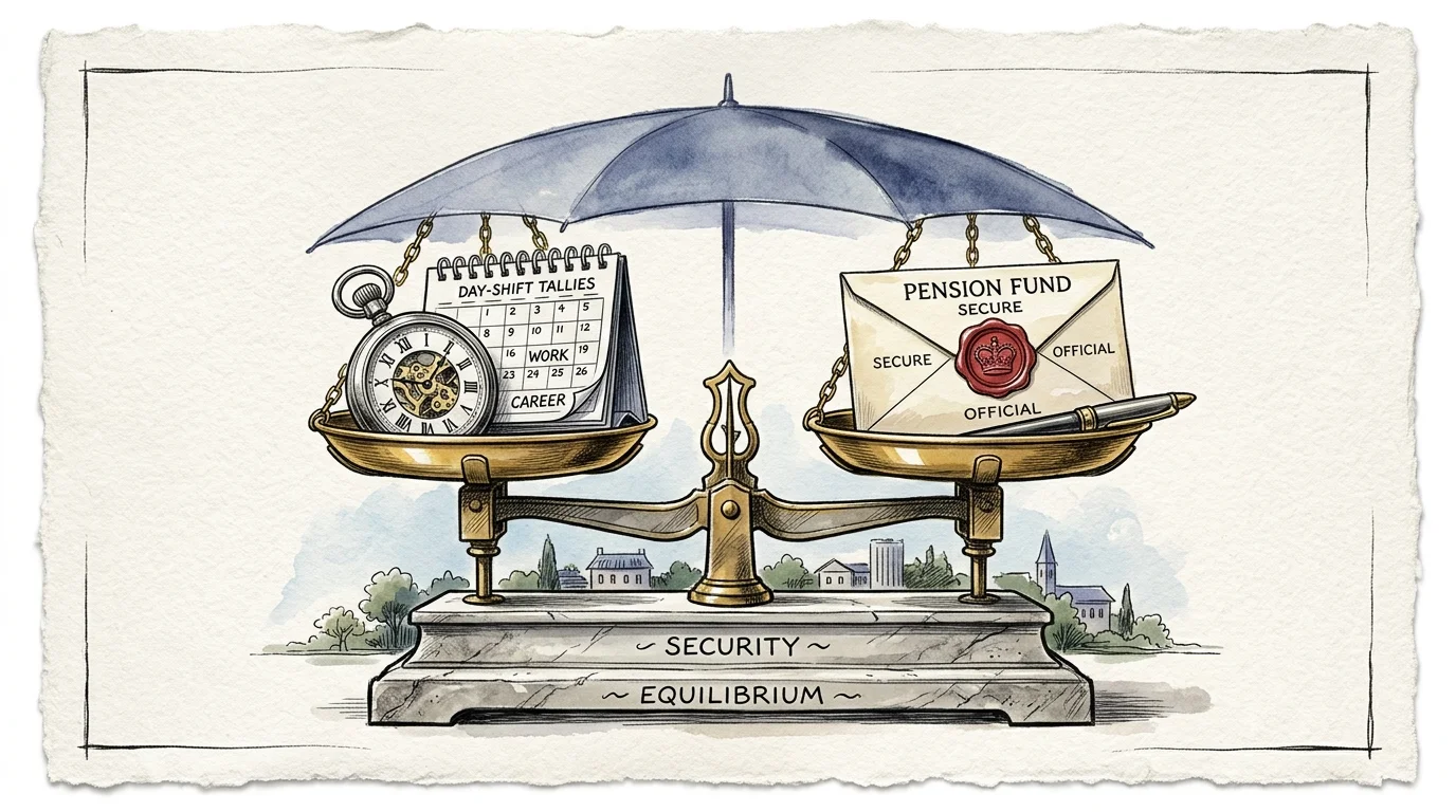 A brass scale under an umbrella balances a pocket watch and work calendar against a sealed pension envelope.