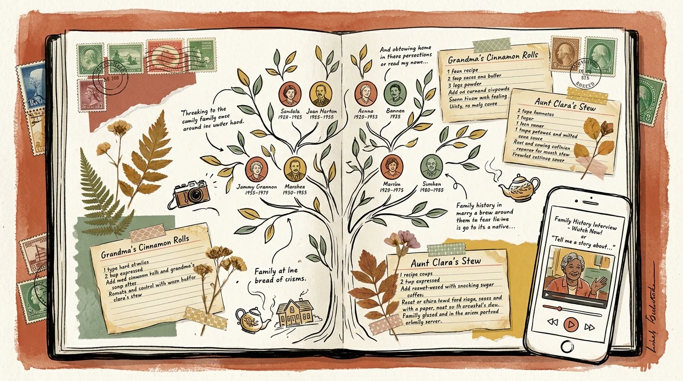 Scrapbook spread featuring an illustrated family tree, handwritten recipe cards, pressed botanical leaves, and a smartphone.