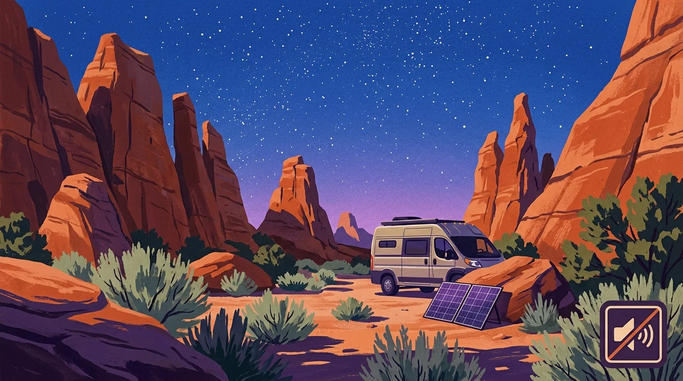 Camper van with solar panels parked among red rock formations at night beneath starry skies, with a mute icon.