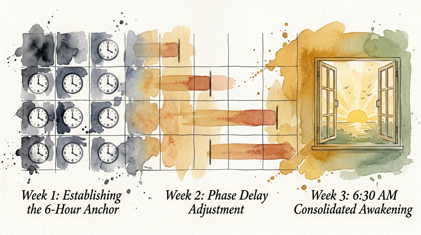 Watercolor timeline showing three weeks of sleep adjustment leading from dark clock grids to an open window at sunrise.