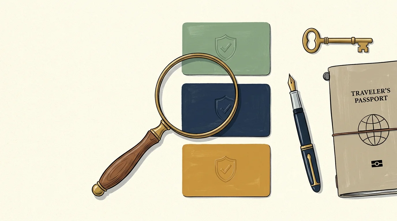 Illustration of three membership cards with shield icons beside a magnifying glass, fountain pen, key, and passport notebook.