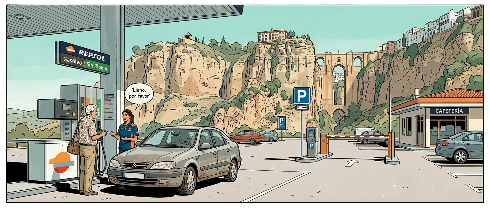 Illustration of a man fueling a car at a Repsol gas station overlooking a dramatic stone bridge and cliffs in Ronda.