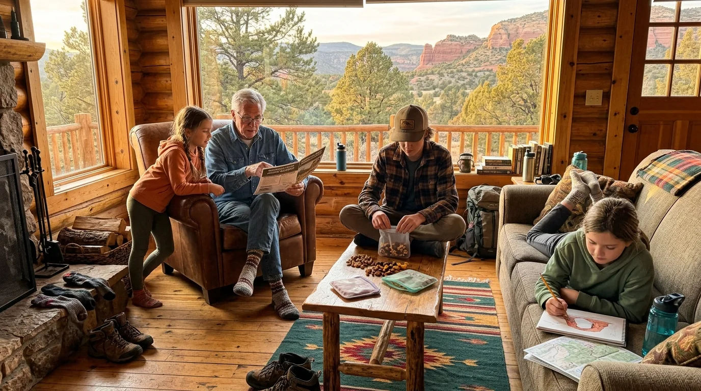 Grandfather and three grandchildren resting inside a rustic log cabin living room with scenic red rock views outside.