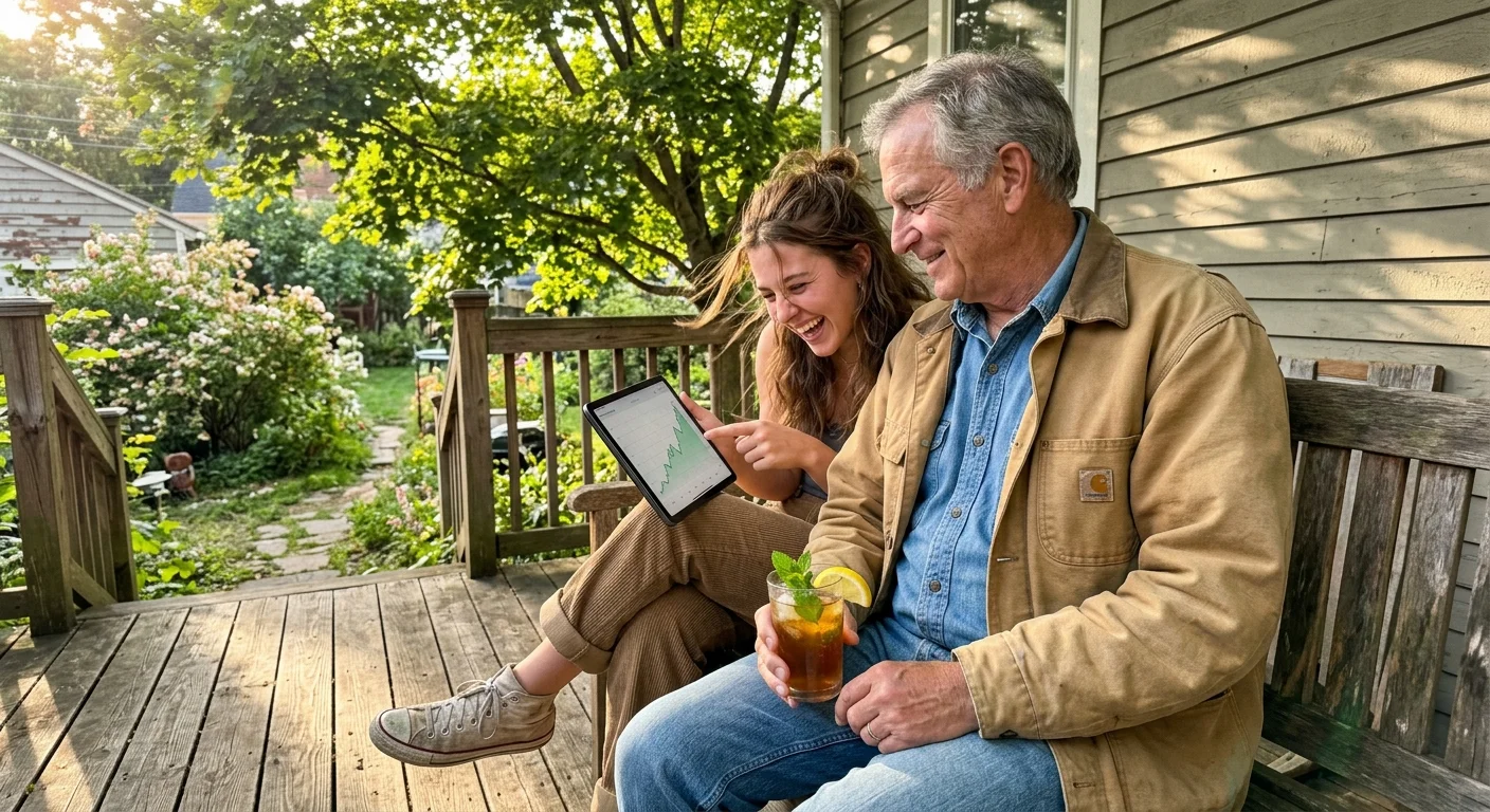 An older man and a young woman sitting on a wooden porch bench smiling while looking at a tablet displaying a rising chart.