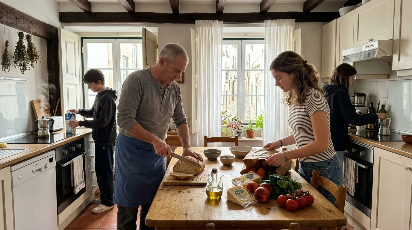 An older man slices bread at a rustic kitchen table while teenagers unpack groceries and prepare drinks nearby.