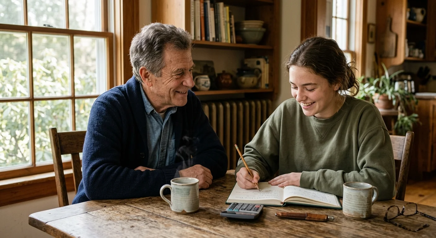 An older man and a young woman sit at a wooden table reviewing notes with a calculator and mugs of coffee.