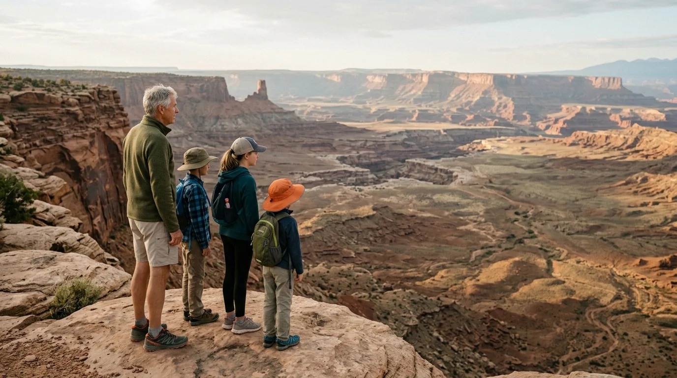 An older man and three children stand on a rocky cliff overlooking a vast desert canyon landscape.