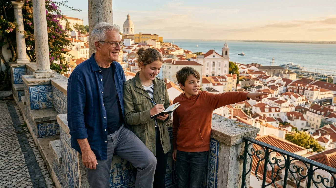 An older man and two teenagers look out over a coastal European city with terracotta roofs from a scenic terrace.