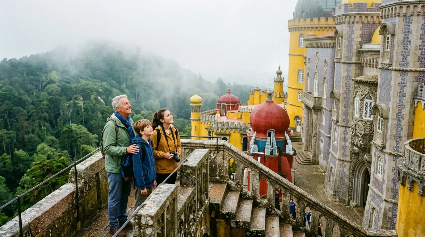 An older man and two kids stand on a stone terrace overlooking colorful towers of Pena Palace and misty hills.