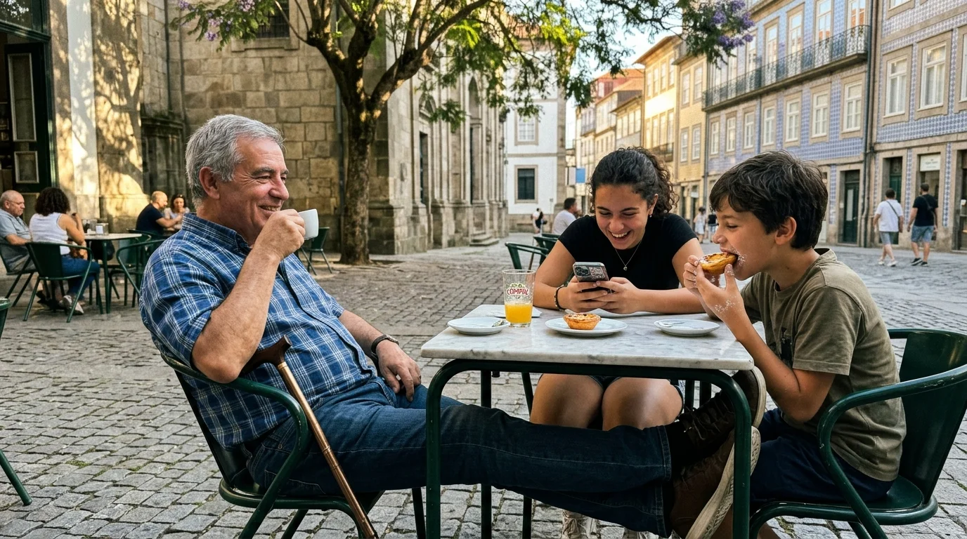 An older man with a cane drinks espresso alongside a teenage girl and boy eating pastries at an outdoor cafe table.