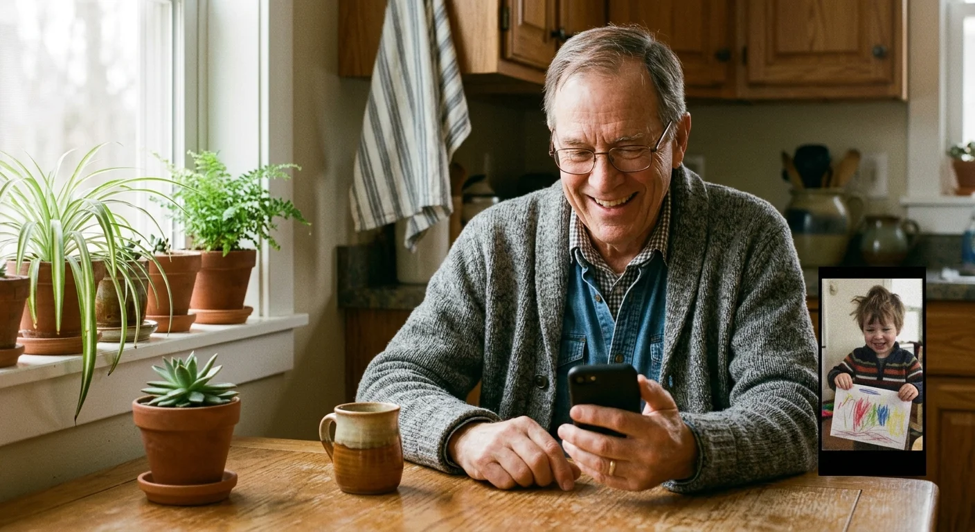 A senior man smiles at his smartphone while viewing a video screen of a young child holding up a colorful drawing.