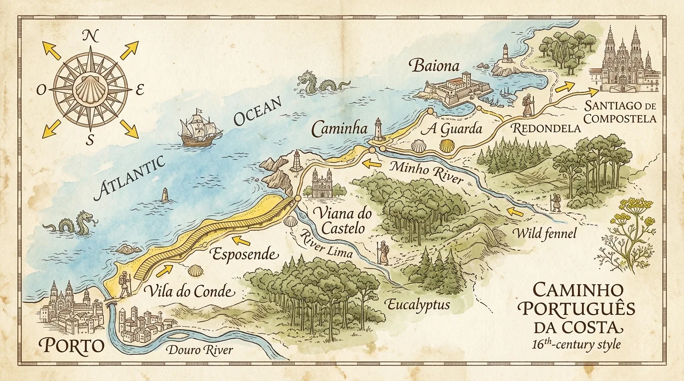 Illustrated vintage map showing the Portuguese coastal Camino route from Porto to Santiago de Compostela along the ocean.