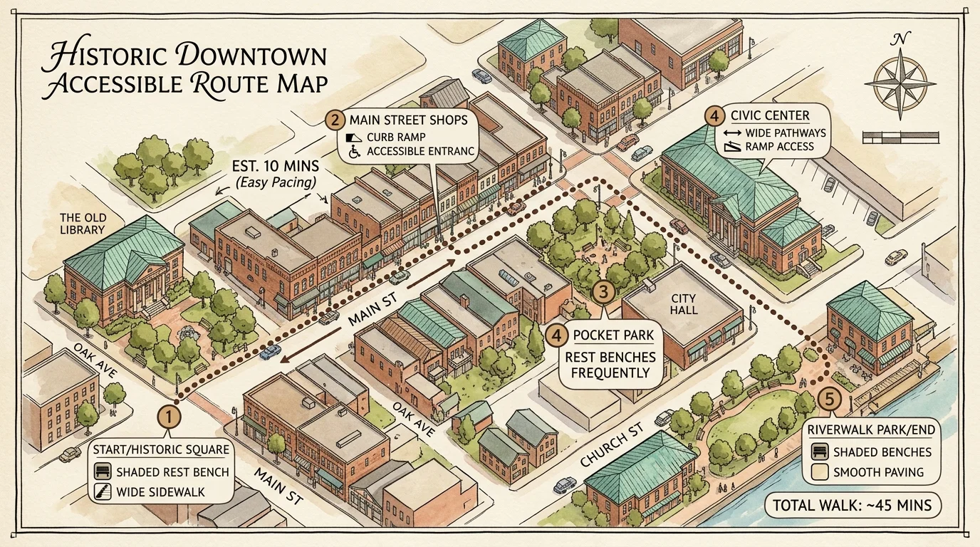 Illustrated downtown map showing an accessible walking route with numbered stops, curb ramps, wide sidewalks, and parks.