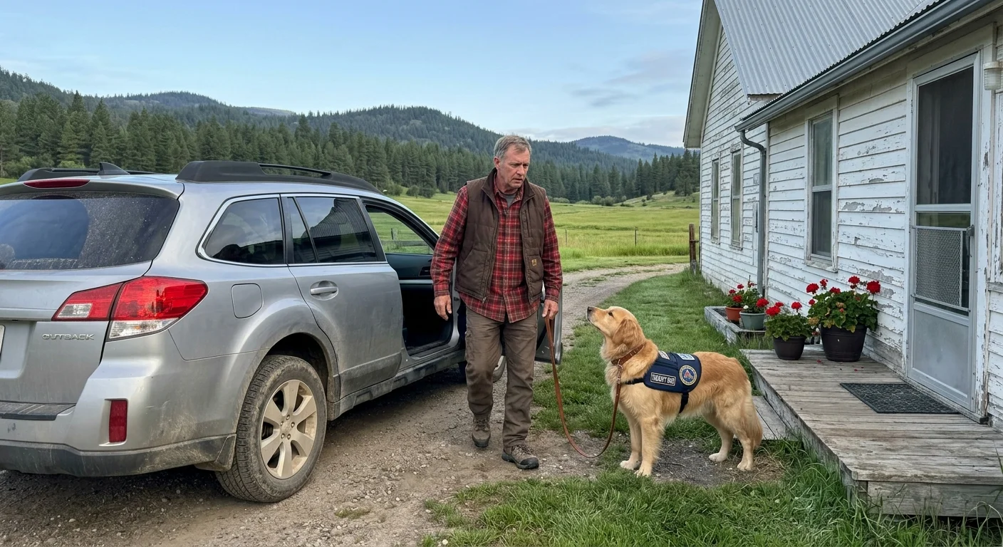 A man leads a golden retriever wearing a blue harness on a leash away from a silver wagon outside a rural house.