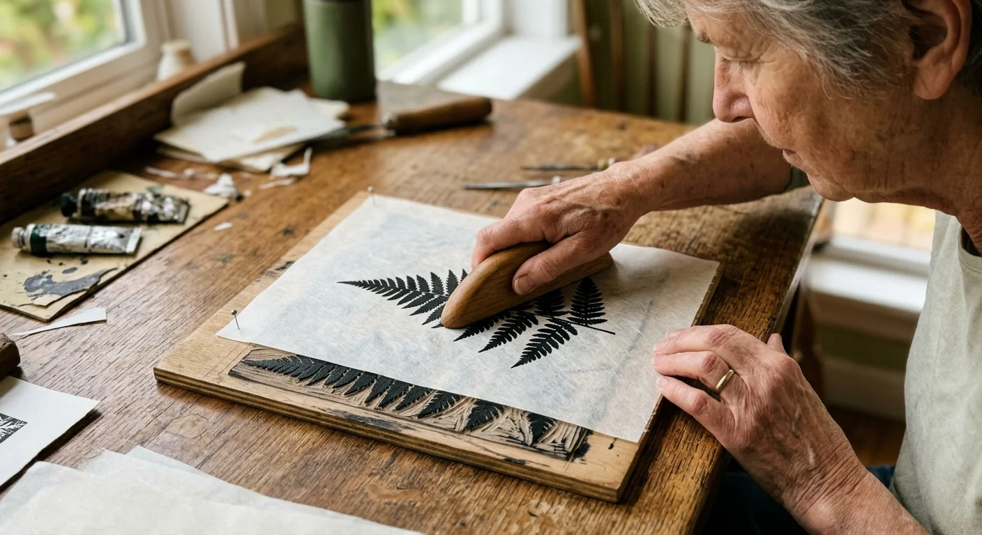 An artist rubs a wooden burnishing tool over thin paper placed on a carved woodblock of a fern leaf.
