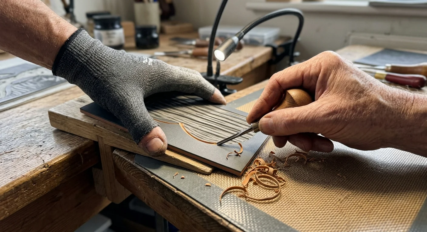 Hands carving a linoleum block with a gouge, wearing a grey cut-resistant glove on the stabilizing hand.