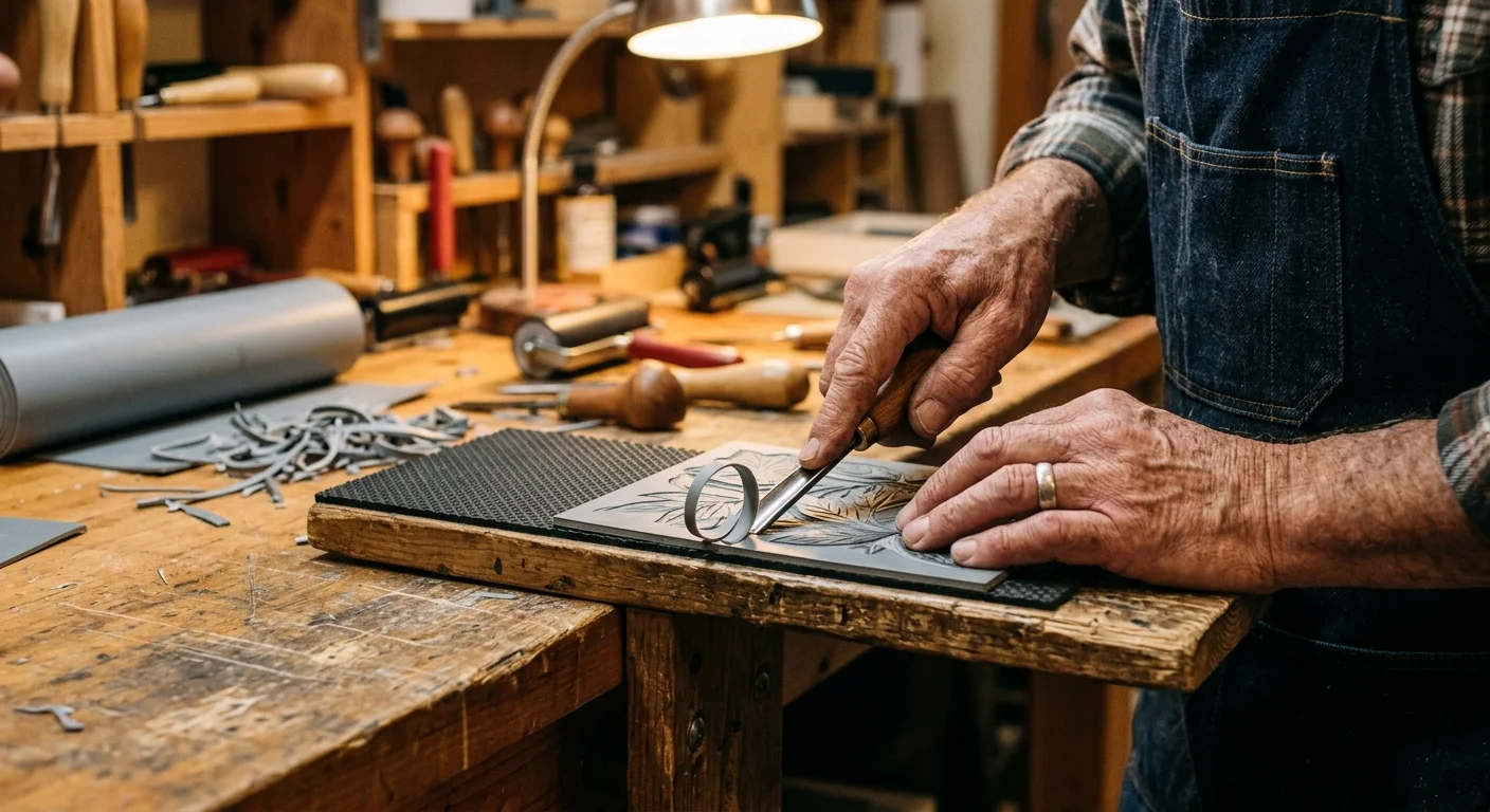 A printmaker in an apron carves a printing block on a wooden bench hook with a gouge tool.