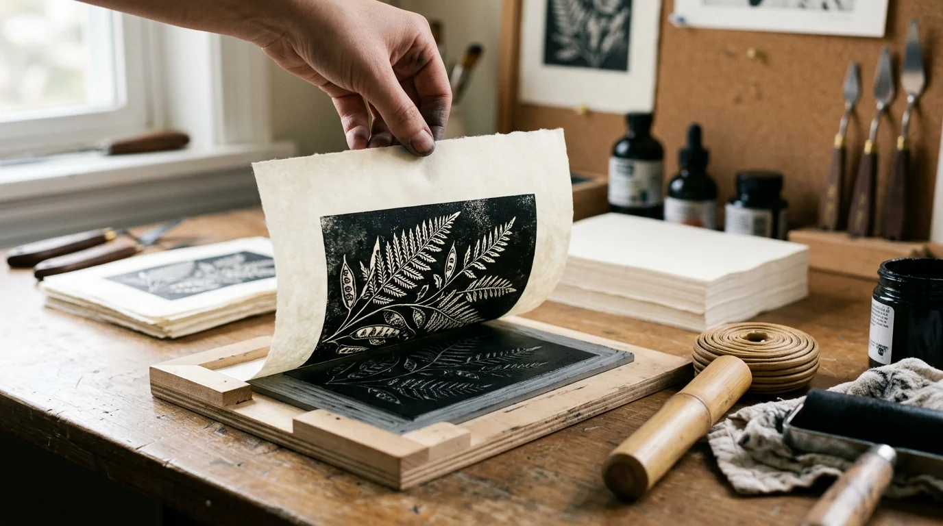 A person peels handmade paper from an inked linoleum block, revealing a black botanical print on a wooden worktable.