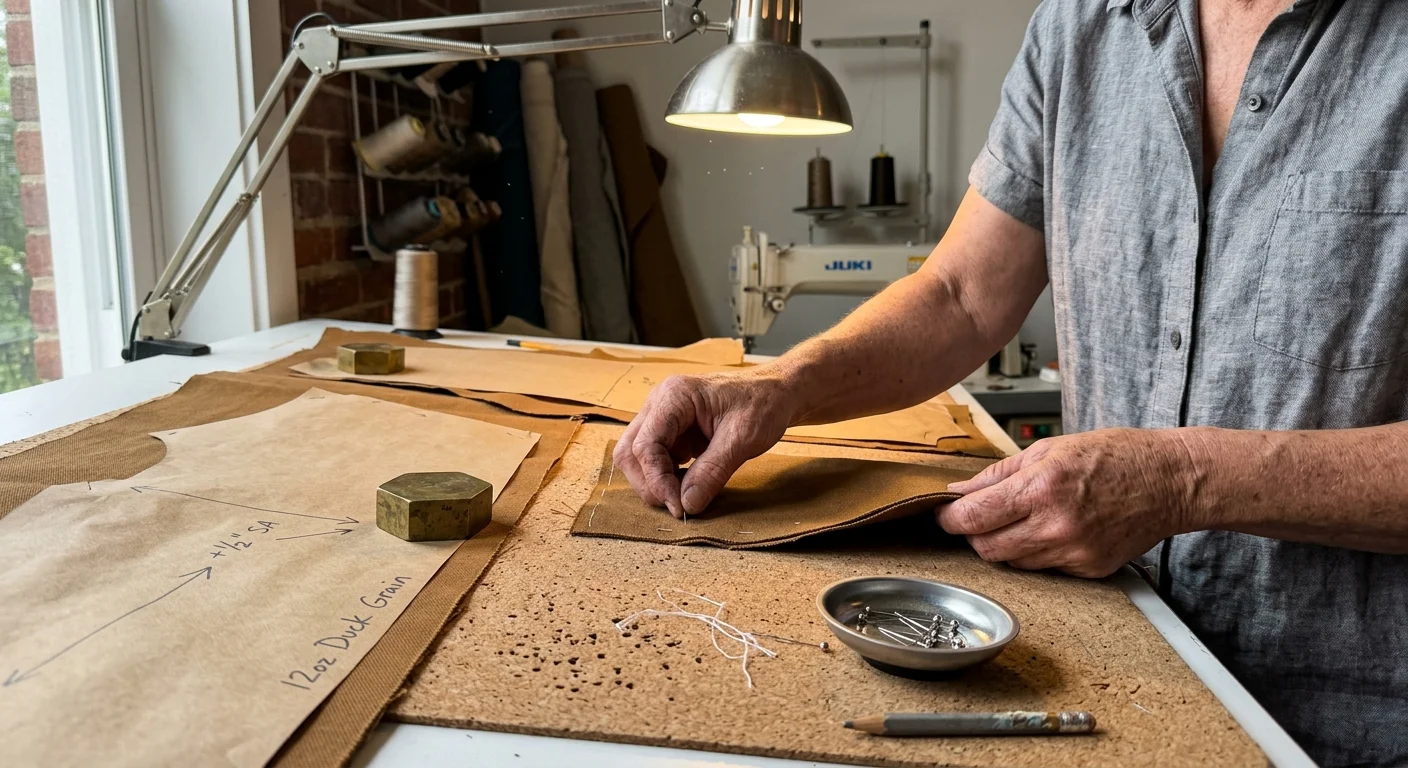 A person pins brown duck canvas fabric weighted with brass blocks beside paper pattern pieces under a desk lamp.