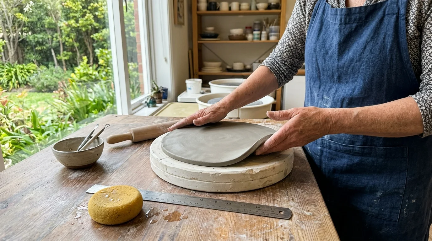 A person in a blue apron presses a round slab of clay over a circular plaster mold on a wooden table.