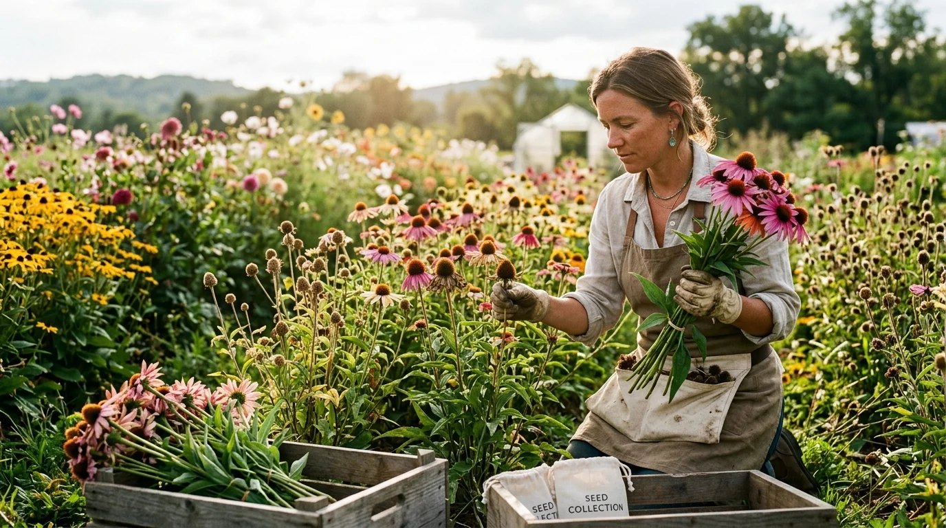A woman kneeling in a flower field holds cut pink flowers while inspecting seed heads beside wooden harvest crates.