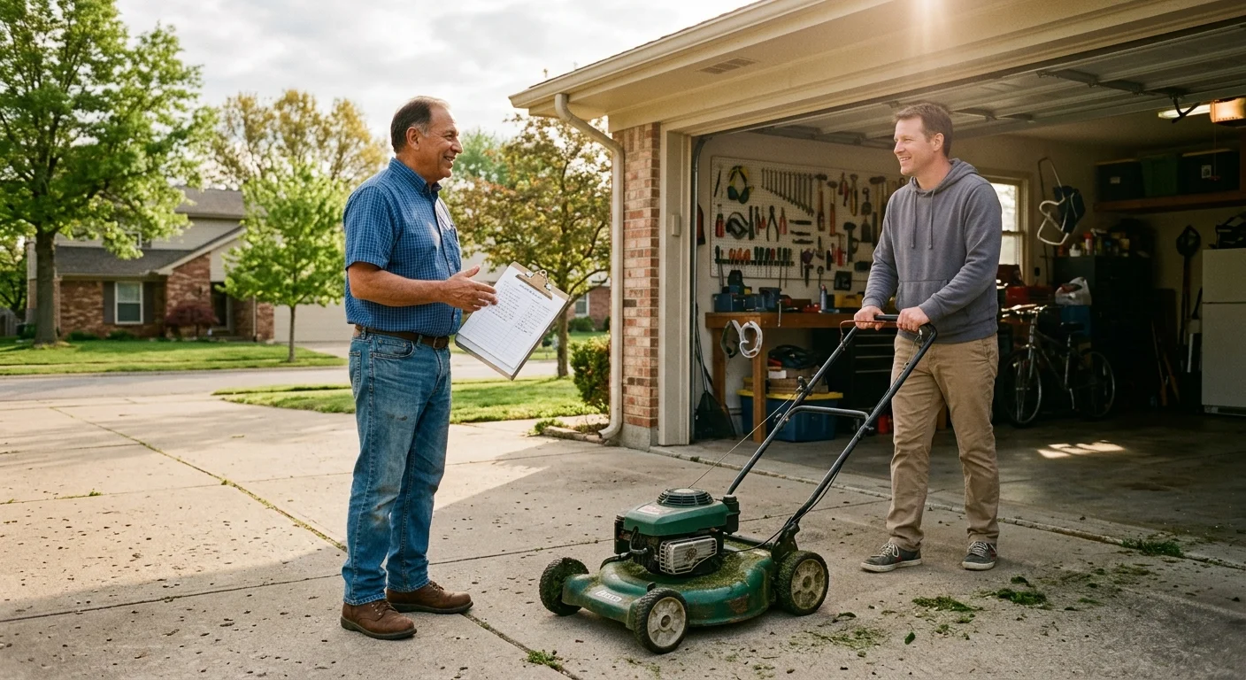 A man holding a clipboard talks with a customer delivering a green lawnmower to an open garage workshop.