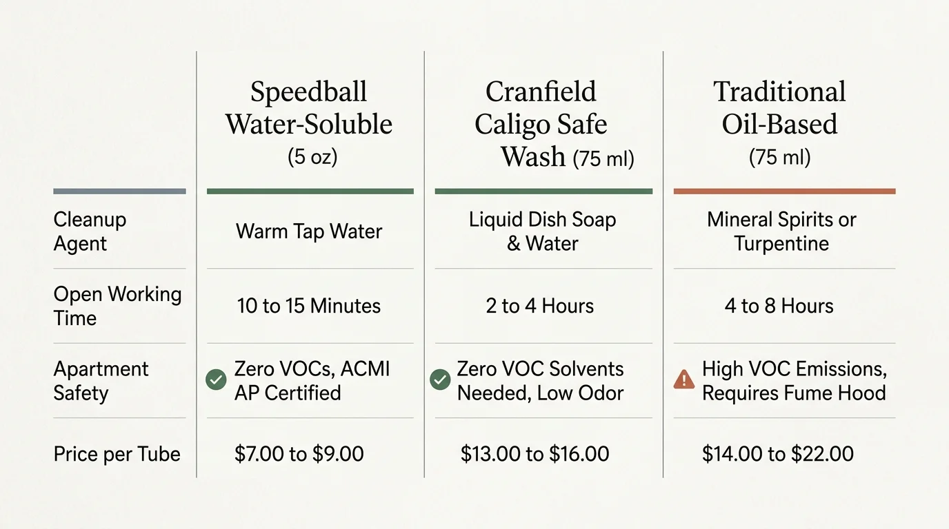 Comparison table of Speedball water-soluble, Cranfield Caligo Safe Wash, and traditional oil-based relief printing inks.