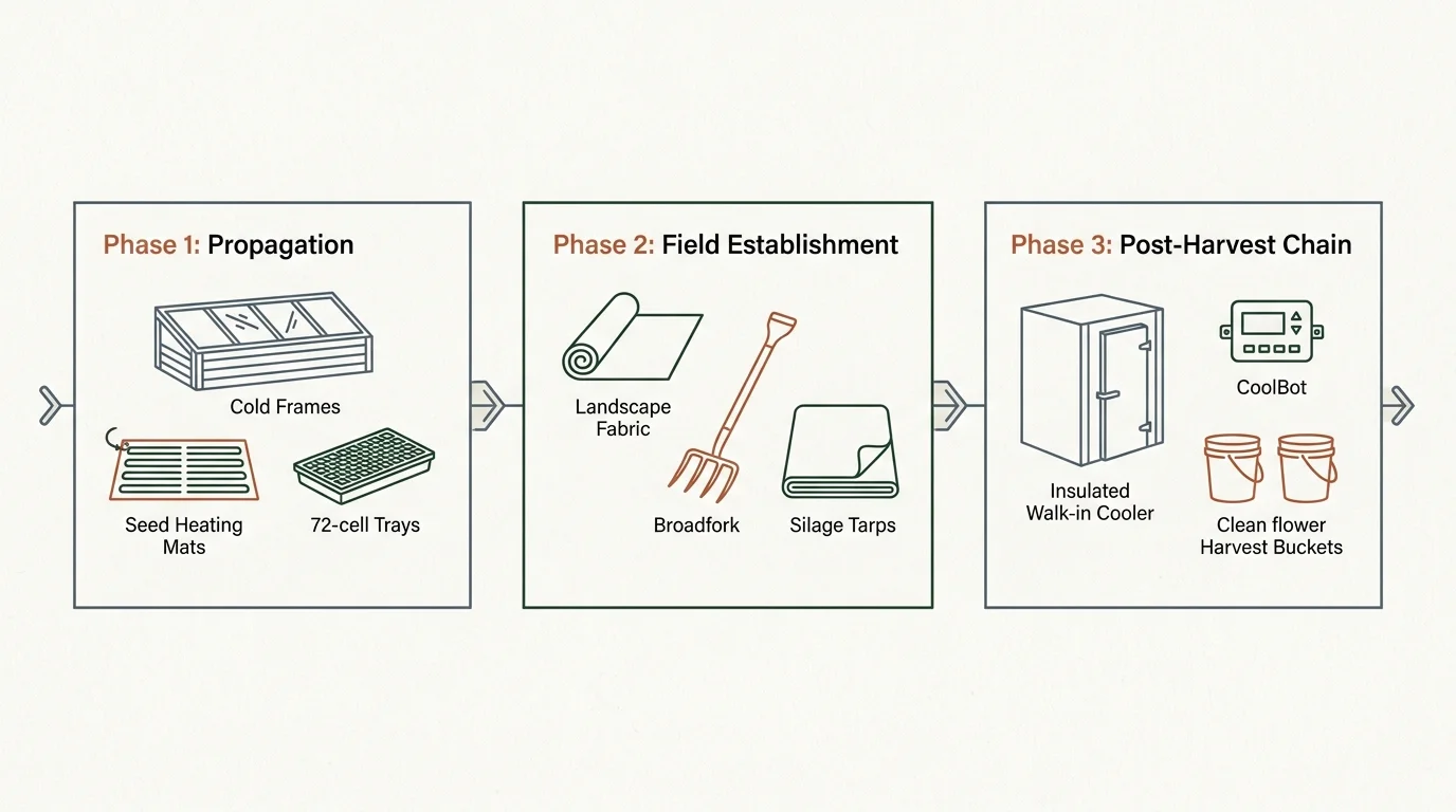 Diagram outlining startup equipment across three phases: Propagation, Field Establishment, and Post-Harvest Chain.