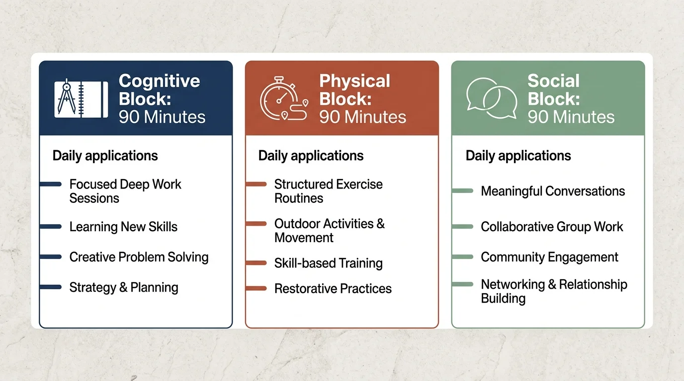 Diagram of three 90-minute routine cards for Cognitive, Physical, and Social blocks, listing daily application activities.