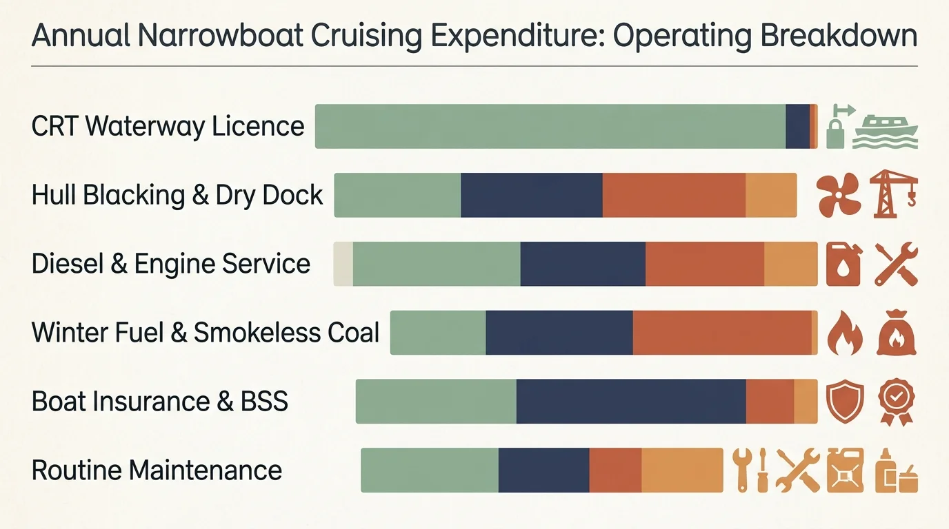 Horizontal segmented bar chart illustrating annual narrowboat cruising expenditure categories with side icons.