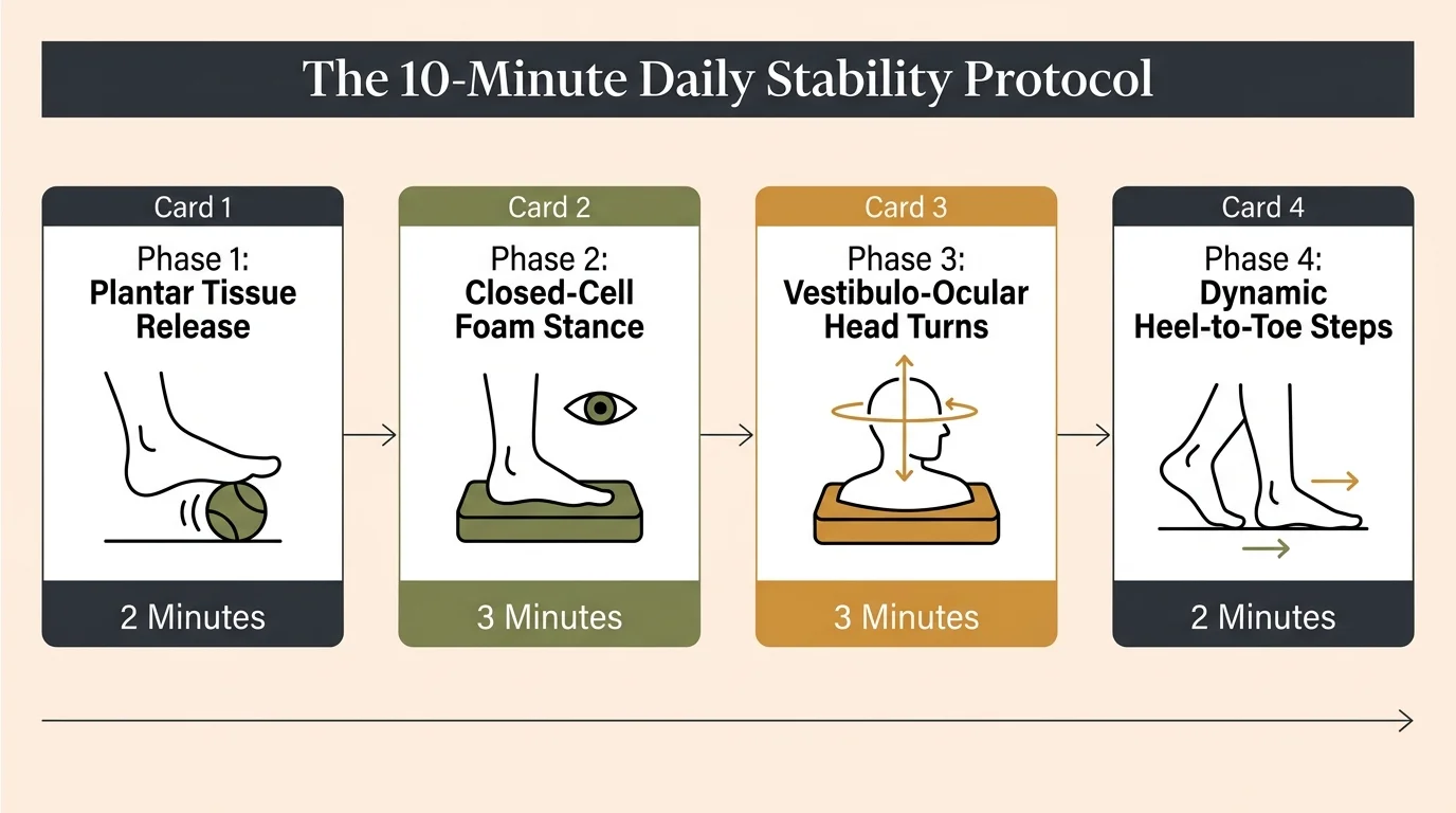 Diagram titled The 10-Minute Daily Stability Protocol showing four sequential exercise phase cards with times.