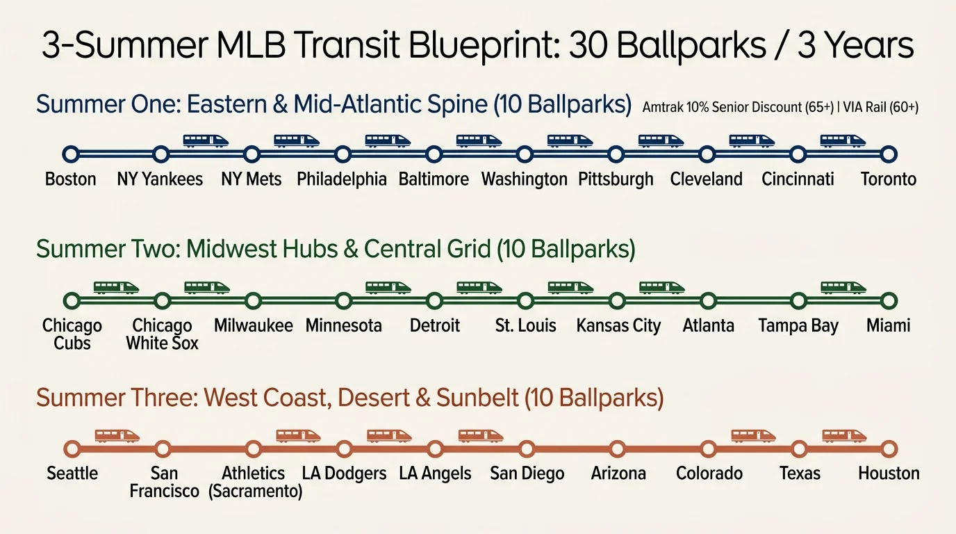 Diagram outlining a 3-summer MLB transit blueprint divided into three 10-ballpark routes with train icons between stops.