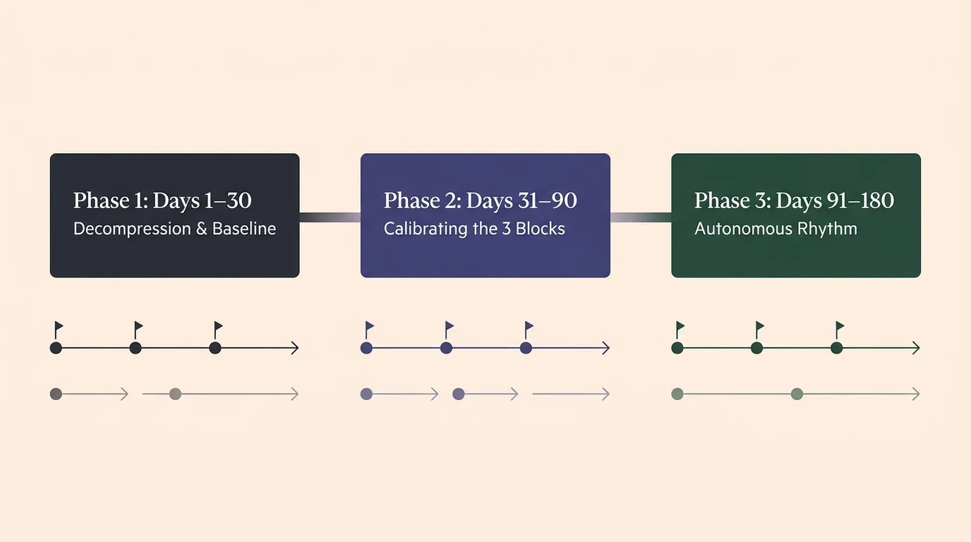Diagram showing a horizontal three-phase timeline labeled Phase 1 Days 1–30, Phase 2 Days 31–90, and Phase 3 Days 91–180.