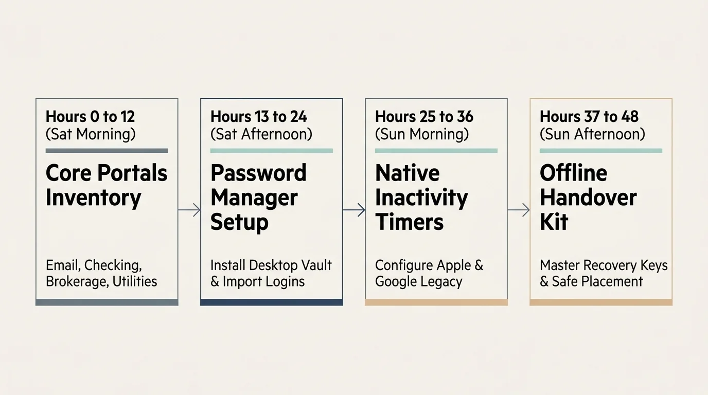Four-step horizontal flowchart showing a 48-hour schedule from core portal inventory to offline handover kit.