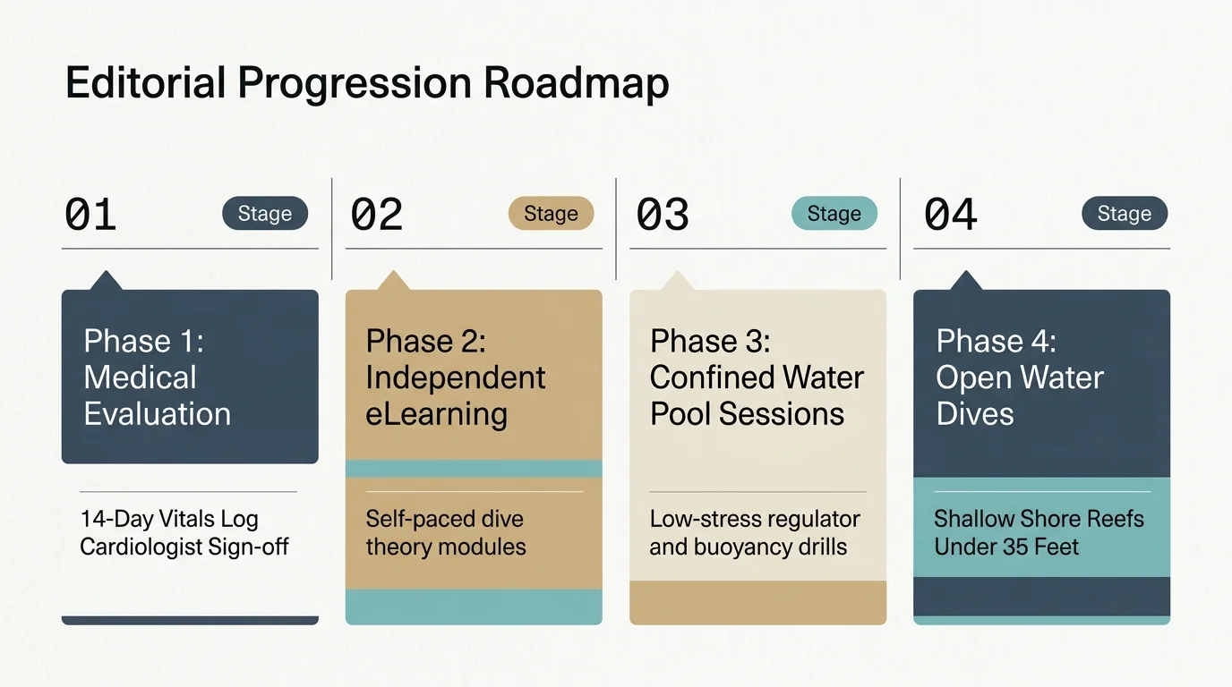 Four-stage roadmap diagram showing medical evaluation, eLearning, confined pool sessions, and open water dives.