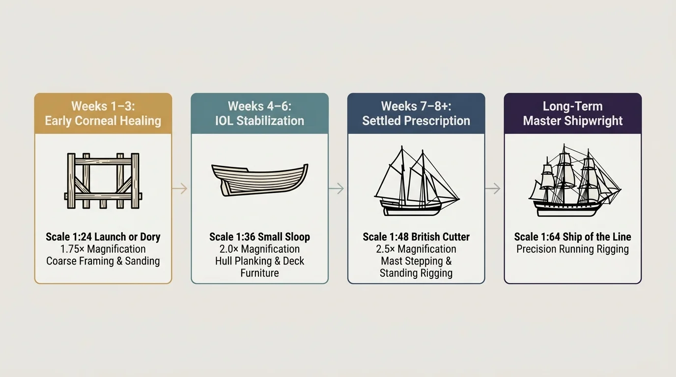 Four-step timeline pairing cataract recovery stages with ship model scales from 1:24 to 1:64 and magnification levels.