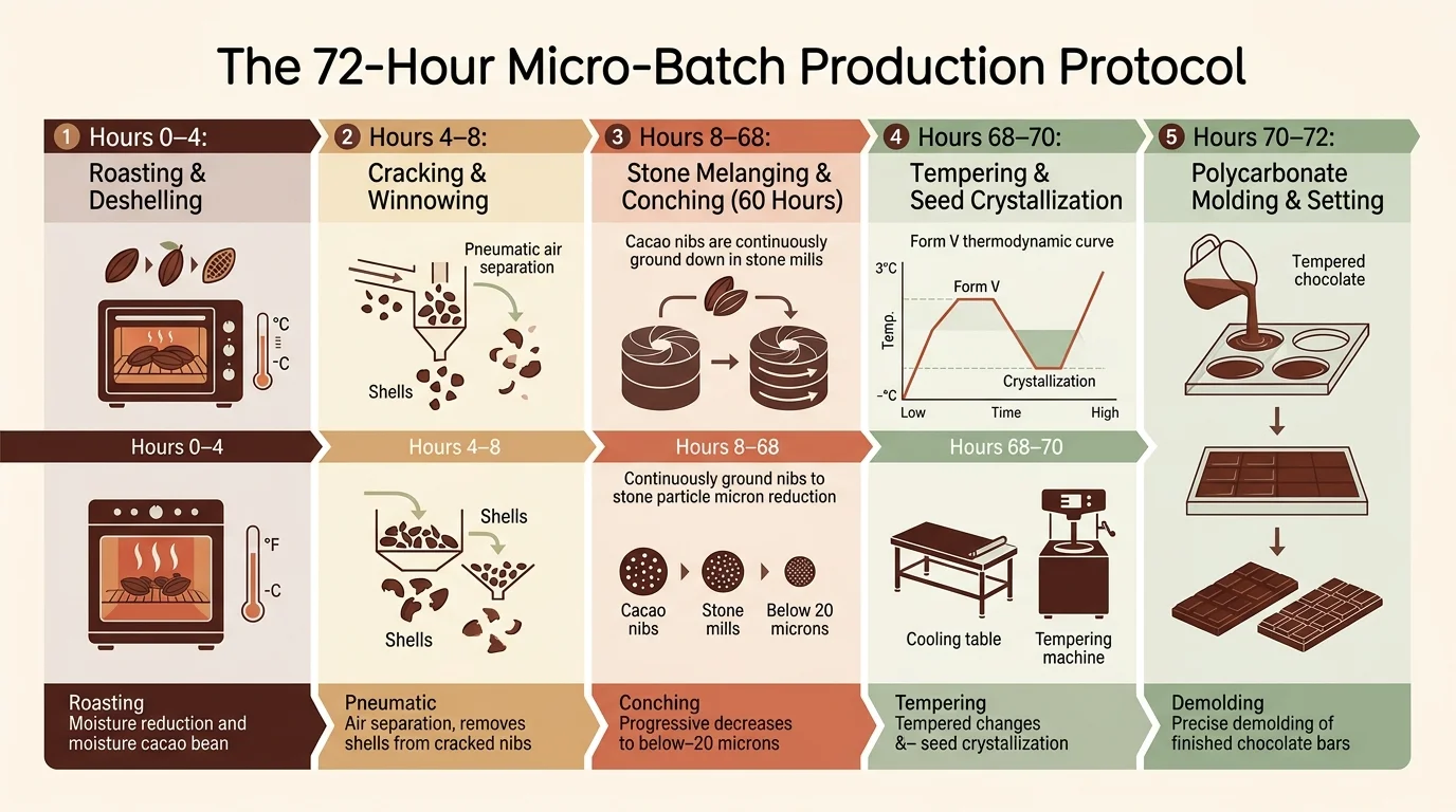 Diagram outlining a 5-step, 72-hour chocolate production protocol with icons and temperature curves from roasting to molding.