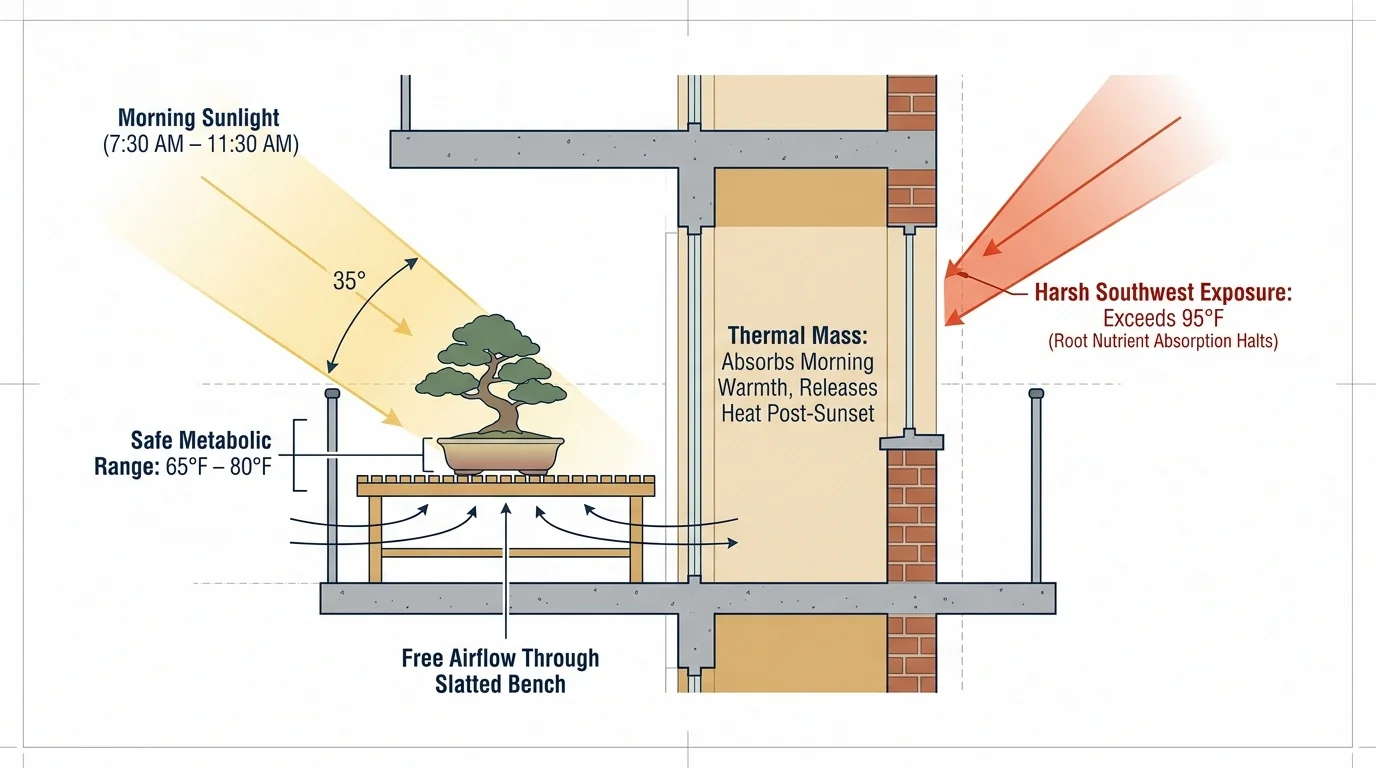 Architectural diagram of a potted bonsai on a slatted balcony bench comparing morning sunlight with harsh southwest sun.