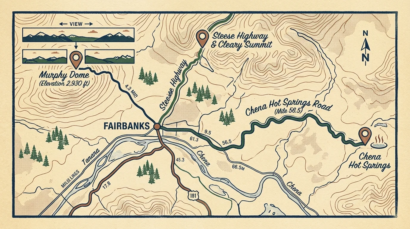 Illustrated topographic map tracing driving routes from Fairbanks to Murphy Dome, Cleary Summit, and Chena Hot Springs.
