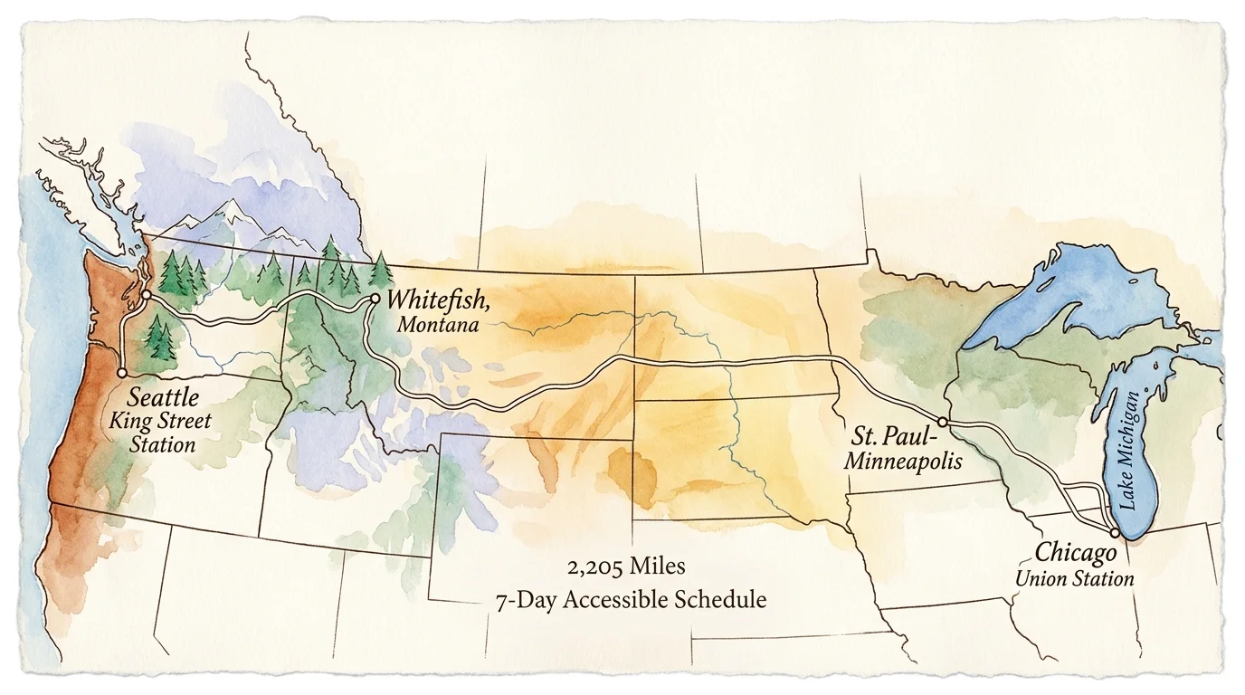 Illustrated watercolor map showing the train route from Chicago Union Station to Seattle King Street Station with key stops.