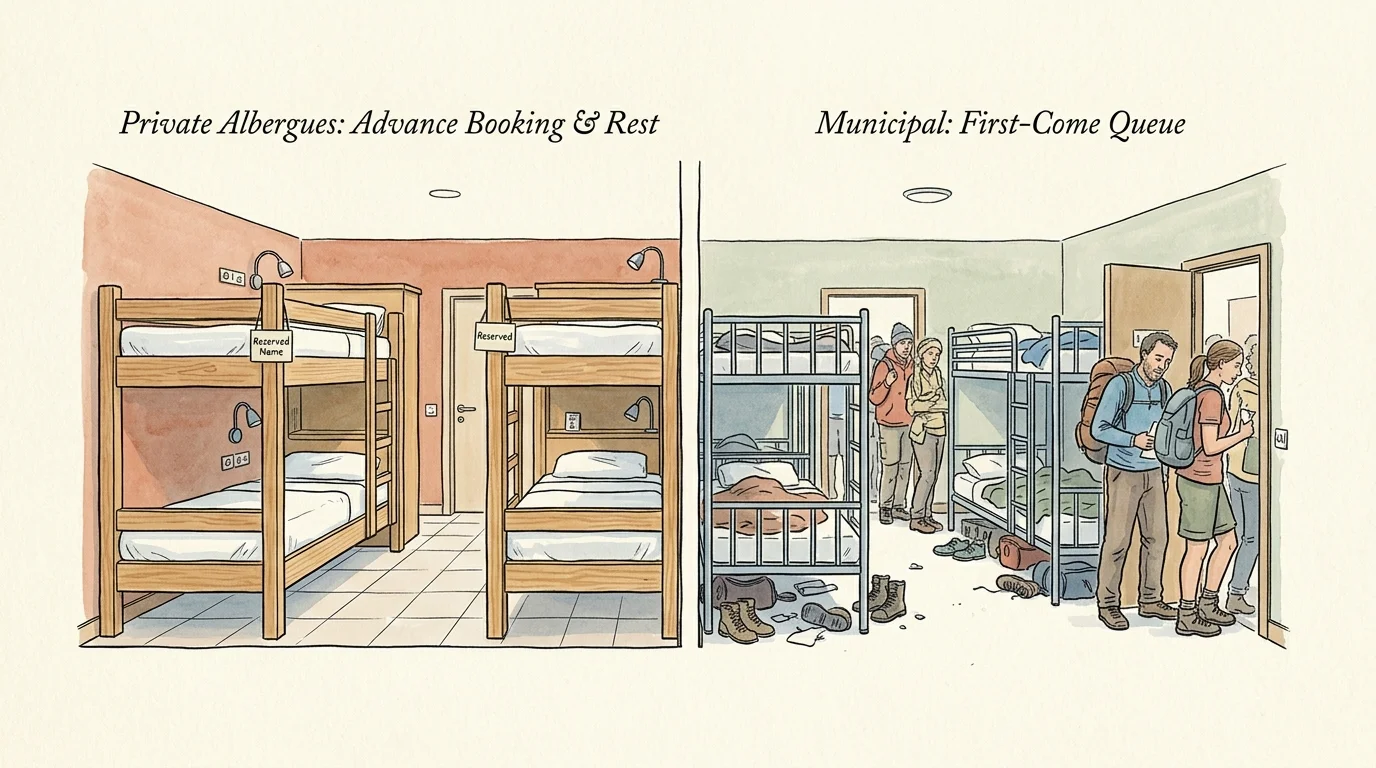 Split illustration contrasting empty wooden bunk beds labeled reserved with a crowded hostel room full of queuing walkers.