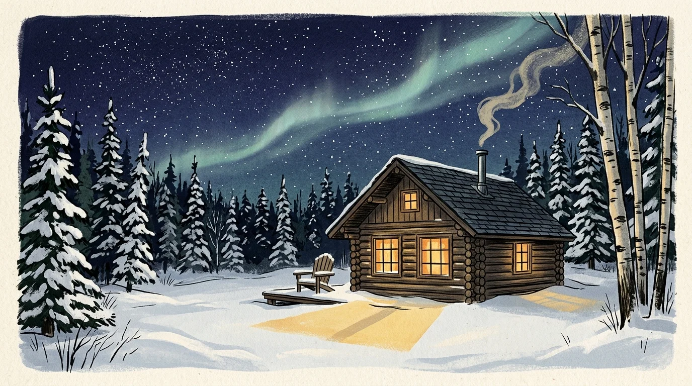 Illustration of a glowing log cabin in a snowy forest beneath a starry night sky with green northern lights.